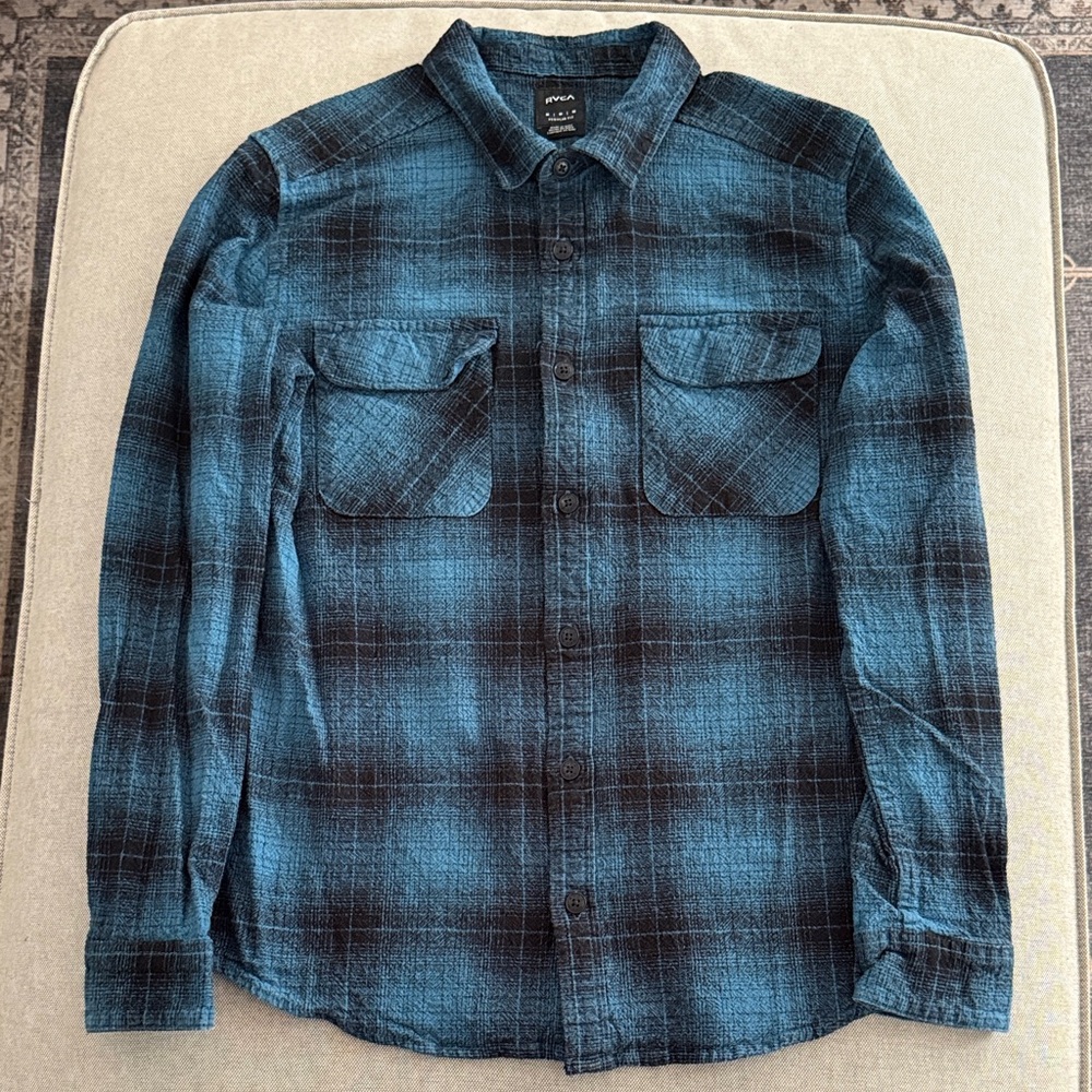 RVCA Men’s Teal and Black Plaid Shirt